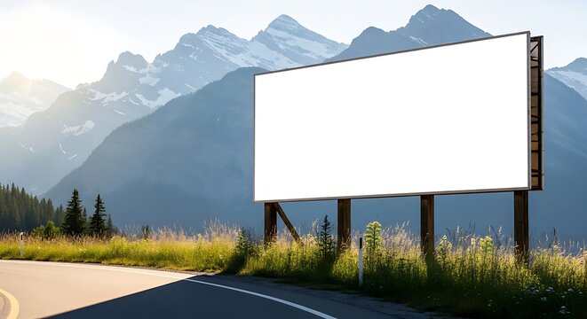 A large blank billboard stands on the roadside with a stunning mountain range backdrop
