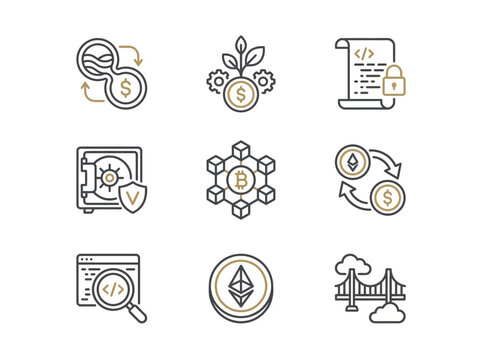 Agentic AI icon set and Spatial Computing UI elements illustrating digital finance, blockchain, and web development for modern, user-centric technology interfaces