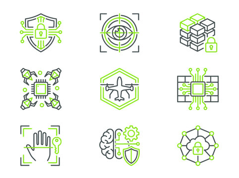 Agentic AI icon set and Spatial Computing UI elements for modern cybersecurity, biometric access, and intelligent automation, driving zero-threat digital ecosystems