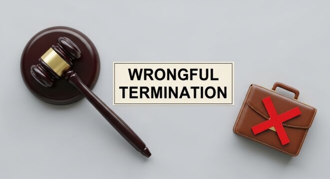 Wrongful termination legal concept with judge gavel and briefcase, employment law and unfair dismissal lawsuit, labor rights and workplace justice