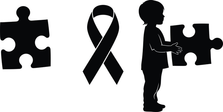 Autism awareness concept child puzzle and ribbon icons