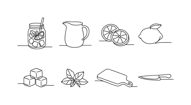 LEMONADE MASON JAR REFRESHMENT. Minimalistic set one-line drawing mason jar with lemonade, lemon slices, mint