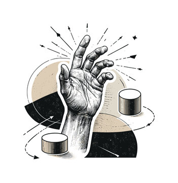 Conceptual black ink hand study composition with a detailed hand as the focal point, black and white ink-drawn