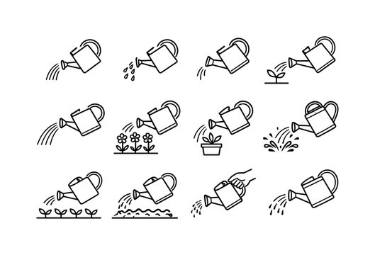 Watering Can Icons. Watering can pouring water. Line outline icon set of Watering can pouring water: watering