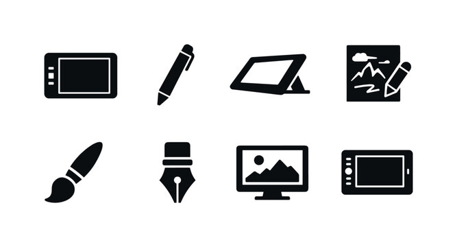 Illustration Tablet Setup. Filled icon set of Illustration Tablet Setup: tablet device, stylus pen, drawing