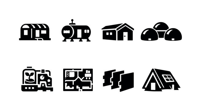 Habitat modules. Filled icon set of Habitat modules: modular habitat unit, space living module, prefabricated
