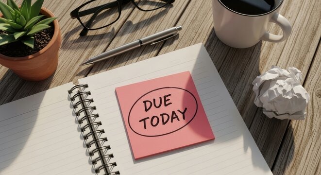 Due Today message on pink sticky note, business deadline reminder in spiral notebook, office desk workspace with coffee and glasses
