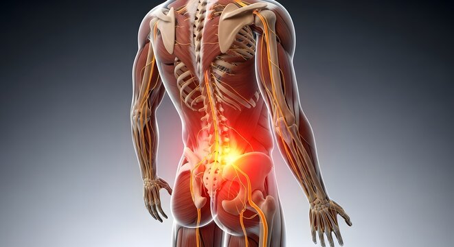 Human lower back pain and sciatica nerve inflammation. Orthopedics and spinal health. Posterior view of a male body showing glowing red lumbar pain and skeletal nerve pathways