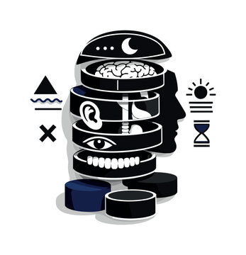 A conceptual anatomy illustration centered on a black-and-white retro human profile dissected into modular