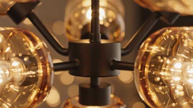 Modern chandelier with glowing amber light bulbs. Close-up slow pan of a decorative fixture creating warm ambiance. Contemporary interior lighting design
