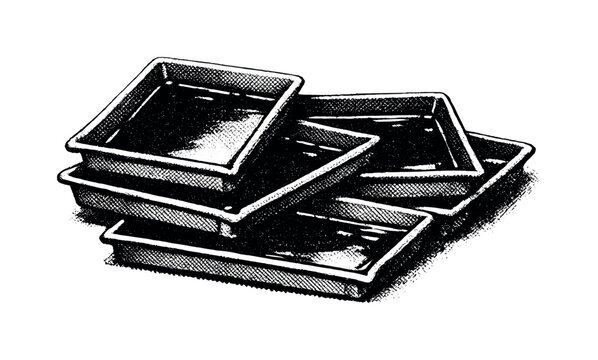Retro darkroom photo trays arranged in a shallow stack as a single clustered object, rectangular forms