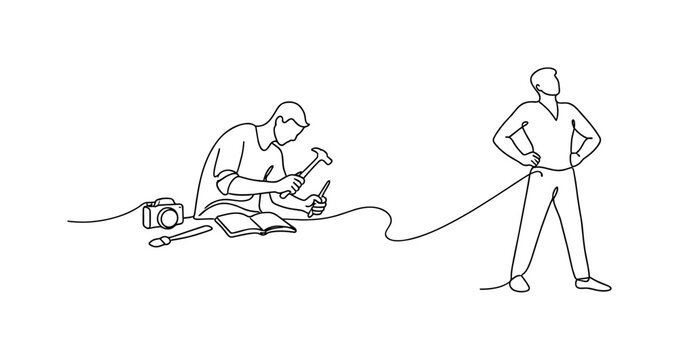 Personal Growth Training. Minimalistic one-line drawing person practicing a new skill with tools transforming