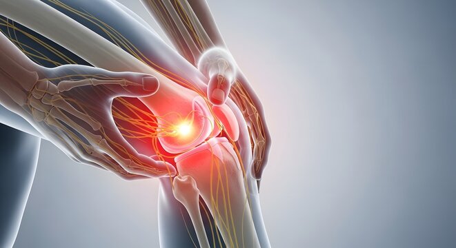 Knee joint nerve pain and inflammation with highlighted sciatic pathways. Neuropathy and ligament injury. Hand holding a painful knee with glowing yellow nerves and red muscle tissue