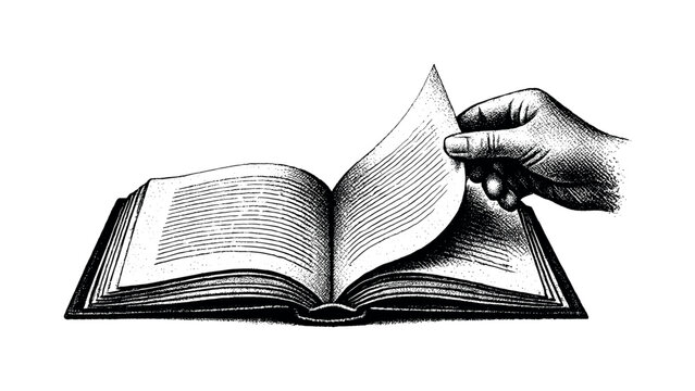 Turning Book Page. A single open book with one page being gently turned by fingertips, captured mid-motion,