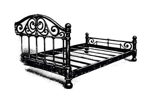 Vintage Iron Bedframe Abstract. Angled view of an antique iron bed frame, headboard partially cropped by the