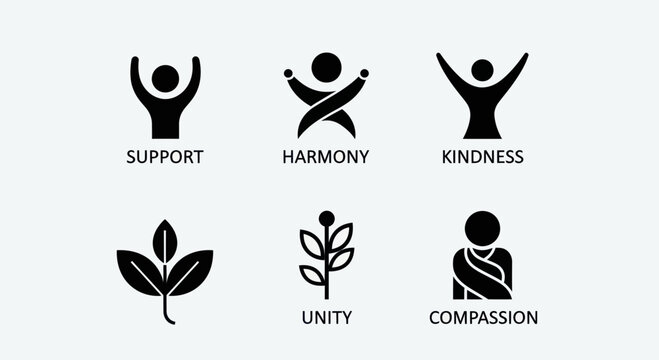 Positive Concepts Icons: Support, Harmony, Kindness, Unity, Compassion, Nature
