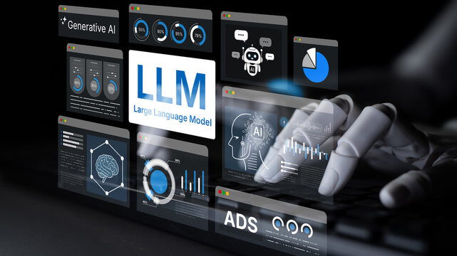 Large Language Model LLM processing data. Represents deep text learning, natural language processing NLP AI tech, transformer architecture, and generative AI deep learning future technology. Corpus