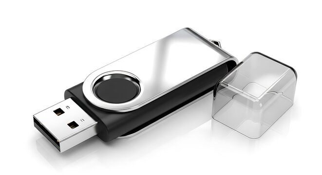 USB flash drive with protective cap on white background