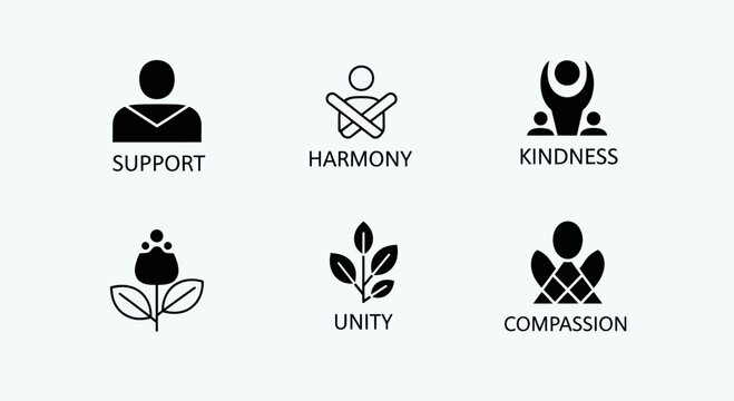 Set of Icons Representing Social Values: Support, Harmony, Kindness, Unity, Compassion