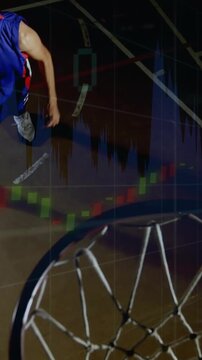 Vertical video: Player dribbling then jumping to hoop, scoring while finance chart tracking shot