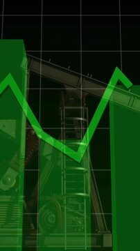 Pumpjack moving while energy market data driving green charts overlaying scene showing price trends