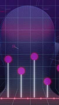 CG male head rotating nodes driving rising bars and pulsing magenta markers onto face mapping tech