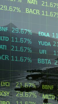 Vertical video: Live feed driving translucent market tickers updating % over bay showing trend
