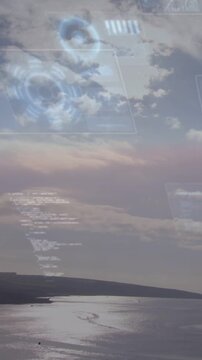 Seascape reflecting sunlight, frame three initiating AR HUDs sliding over clouds for marine tech