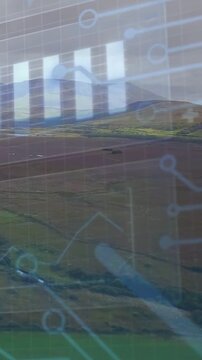 Vertical video: Aerial landscape receiving telemetry, bar chart and blue line tracking agriculture