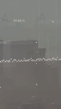 Harbor skyline showing sensor input driving dotted wave, rising columns, numbers updating for tech