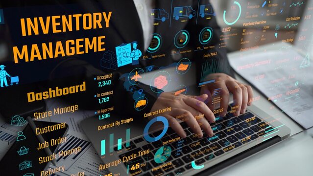 Inventory management dashboard showing supply chain performance, stock levels, order cycle times, cost reduction, and procurement ROI. Inventory tracking, and streamline warehouse efficiency. Thunk