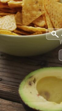 Camera panning causing chips and halved avocado receiving floating icons, showing marketing metrics