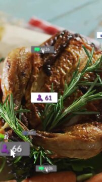 Vertical video: Roast bird in frame, cursor hovering rosemary causing badges showing food metrics