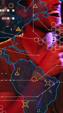 Vertical video: Male singer reaching mic, gripping and singing for audience while map HUD tracking