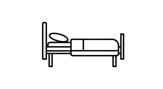 Simple Line Art Icon of a Hospital Bed with Pillow and Blanket