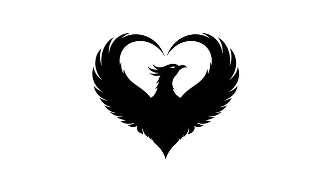 Black silhouette of a phoenix forming a heart shape