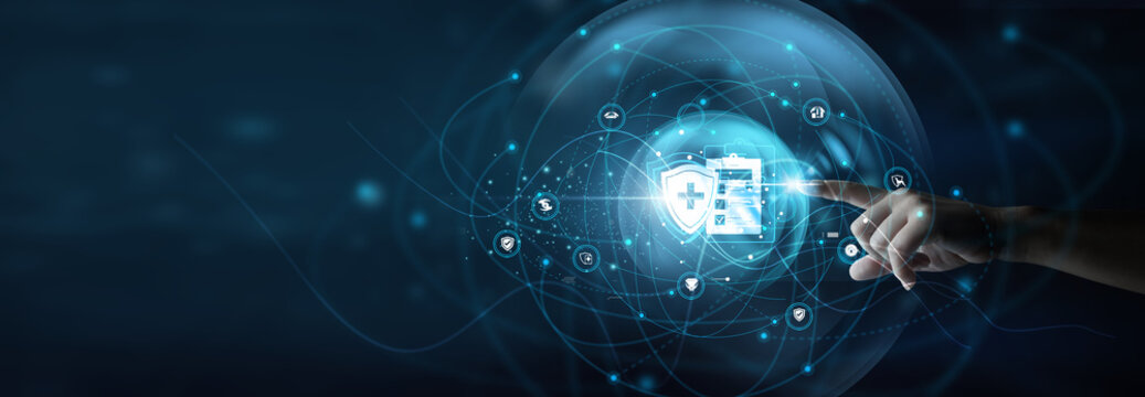 Insurance professional holding digital platform. InsurTech uses technology to streamline insurance services, claims, and customer experience.