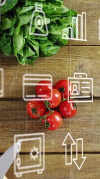 Vertical video: At start, tomatoes on board, finance icons drifting, knife entering for marketing