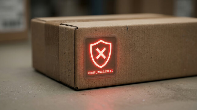 Cardboard box with glowing red compliance failed symbol on side, indicating sealed package with low scale error, placed on concrete surface in warehouse setting