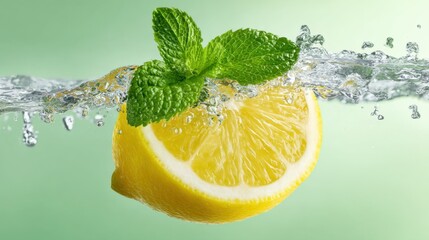 Fresh lemon slice and mint leaves splashing in clear water on light green background