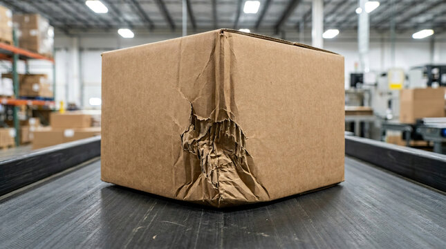 Damaged cardboard box with crushed corner on conveyor belt in warehouse, showing wear and tear from handling or shipping, conveying industrial and logistics challenges