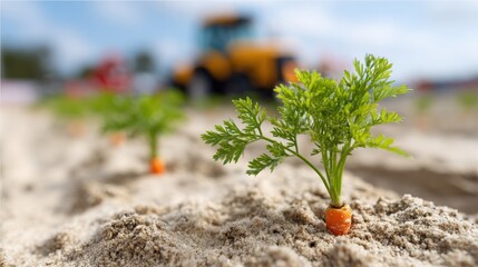 Young carrot plants in sandy soil with tractor in background on sunny day