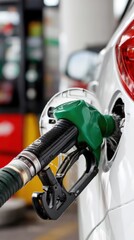 Green gasoline pump nozzle refueling white vehicle at gas station