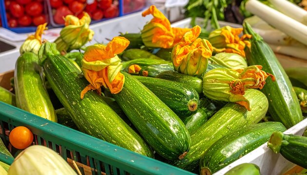 Close-up of fresh, long green vegetables, many with bright yellow flowers attached, displayed in a crate, likely at a farmer's market