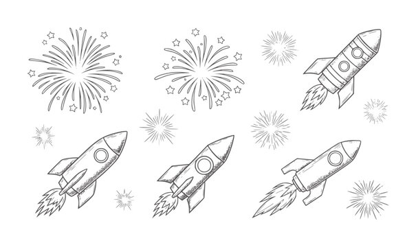 Hand drawn rockets and fireworks bursting in a starry night sky spaceship explosion
