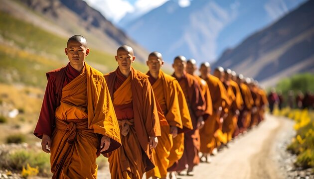 Monks walking in line, orange robes, mountains in background, bright sunny day