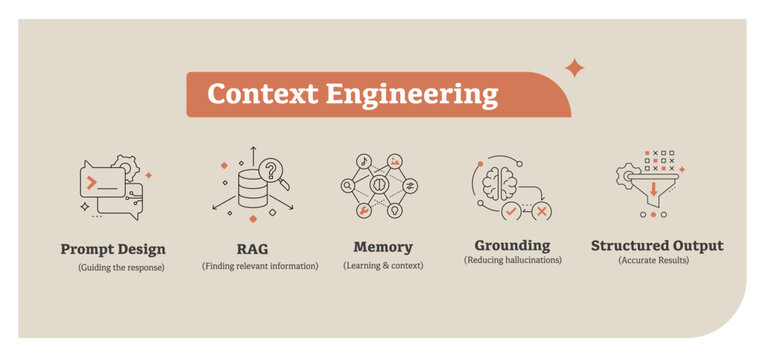 Context Engineering Explained, Prompt Design System, RAG Pipeline, AI Memory, Grounding Techniques, Structured Output AI. Editable Stroke.