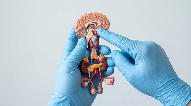 Human organ model anatomy medical education endocrine system brain kidneys pancreas thyroid reproductive organs gloved hands healthcare biology science medical study internal organs anatomy model