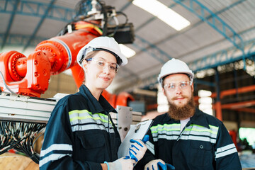 Fototapeta premium Two engineers in hard hats and safety glasses stand in a modern factory with a robotic arm