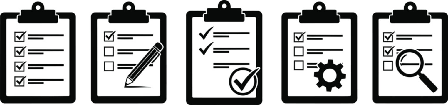 Black and white clipboard with checklists and verification symbols clipboards checkmarks pencil